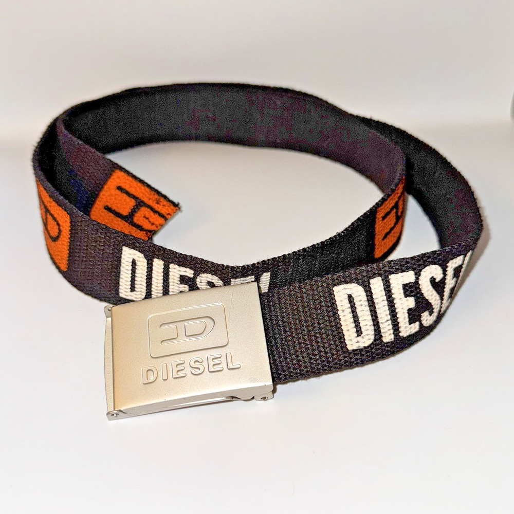 Vintage Y2K Diesel Black Canvas Logo Print Adjustable Logo Buckle Belt Up To 46”